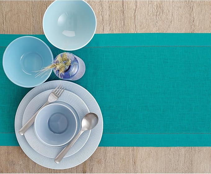 Solino Home Linen Hemstitch Table Runner 90 Inches Long - 100% Pure Linen Teal Table Runner 14 x 90 Inch for Fall, Autumn, Thanksgiving - Classic Hemstitch