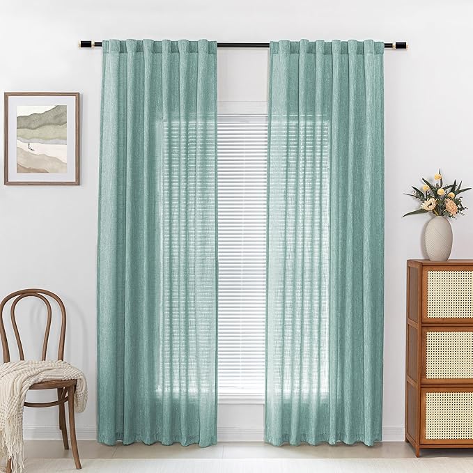 MYSKY HOME Turquoise Living Room Curtains for Windows Semi Sheer Curtains 90 Inch Length Boho Room Decor Sliding Glass Patio Doorways Light Filtering Privacy Protect Soft Texture, 50" x 90", 2 Panels