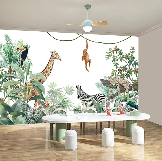 WFBHUA-Kids Safari Wallpaper Tropical Jungle Botanical Leaf Wall Mural for Nursery Boys Bedroom Girls Bedroom Playroom (Not Peel and Stick)