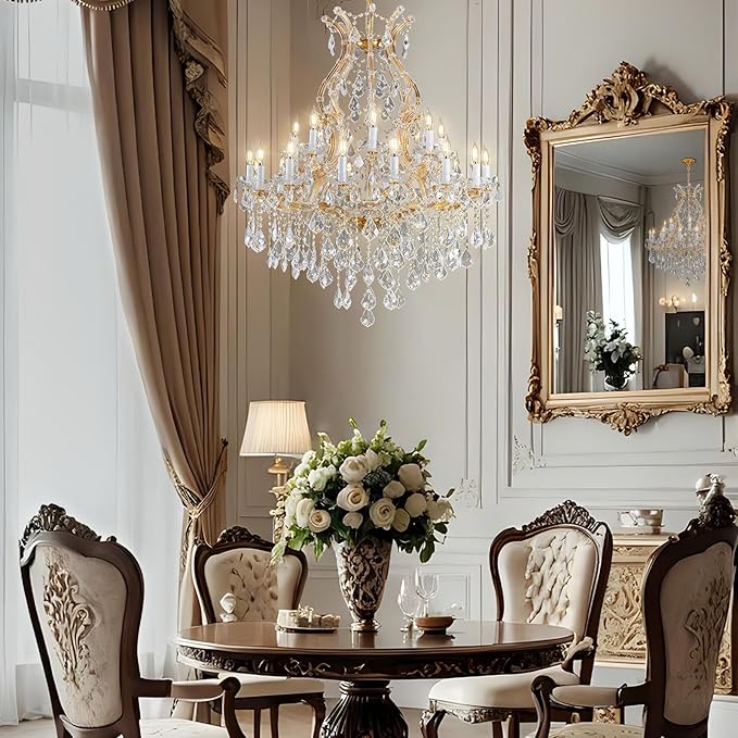 Large Gold Crystal Chandelier Light Fixtures - 24 Lights Modern Crystal Chandeliers for Hotel, Lobby, Foyer, Entryway Hall, Staircase High Ceiling Chandelier 2 Layers