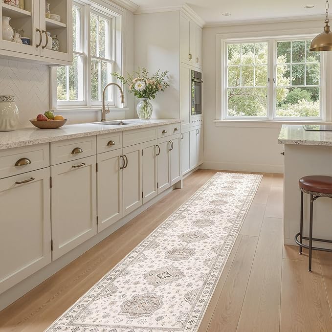 Washable 2.6x12 Runner Rug - Area Rugs Neutral Vintage Distressed Floral Farmhouse Boho Large Soft Floor Rug Indoor Carpet for Hallway Entryway Kitchen Home - Beige Brown