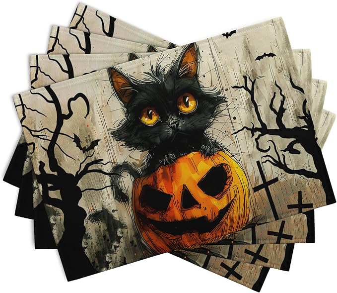 Halloween Black Cat Pumpkin 12x18 Placemats Set of 4 Happy Halloween Bat Branch Linen Table Place Mat Seasonal Fall Washable Heat Resistant Non Slip Table Placemats for Party Kitchen Dining Decor