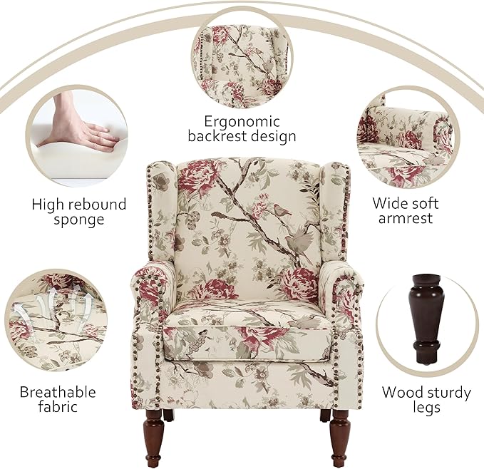 Lumibee Wingback Accent Chair,High Back Floral Armchairs in Fabric,Comfy Upholstered Reading Single Sofa Chair with Solid Wood Legs for Living Room,Bedroom,Office-Floral Beige