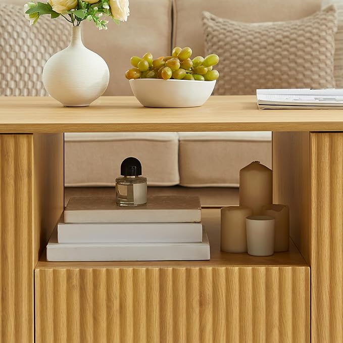 46.5" Oval Coffee Table with Drawers and Storage Mid Century Modern Fluted Solid Wood Side Coffee Tables, Luxury Tea Table Center Table for Living Rooms Offices Apartmen, Natural