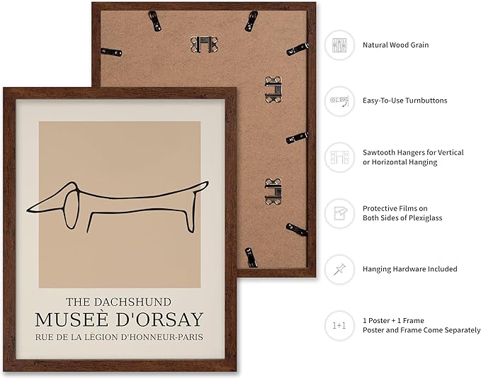 Poster Master Vintage Poster - Retro Minimalist Print - Gift for Artist, Housewarming - Dachshund Dog, Line Drawing, Abstract - Wall Decor for Living Room, Bedroom, 11x14 Brown Framed
