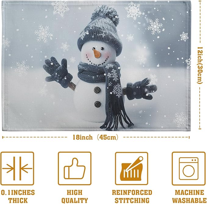 Snowman Placemats Set of 4, 12x18 Inch Winter Cute Blue Snowman Snowflake Table Mats Seasonal Christmas Holiday Washable Linen Fabric Place Mats for Farmhouse Party Kitchen Dining Decor