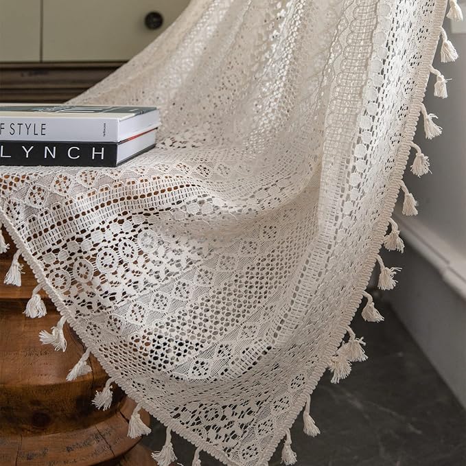 Sutuo Home Boho Curtains Crochet Lace Semi-Sheer Bohemian Hollow Knitted Handmade Tassels, Rod Pocket Window Treatment Vintage Rustic Farmhouse Drapes for Living Bedroom, 1 Panel 59" W x 72" L, Beige