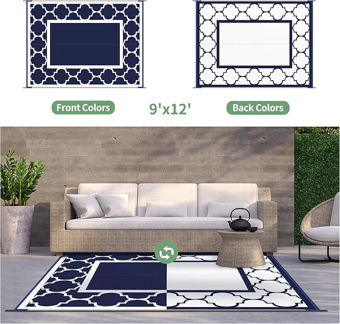 GENIMO 9' x 12' Outdoor Rug Waterproof for Patio Decor, Foldable Reversible Plastic Straw Area Rugs Mat for Camper, Outside Carpet for Rv, Deck, Porch, Picnic, Beach, Balcony, Blue & White