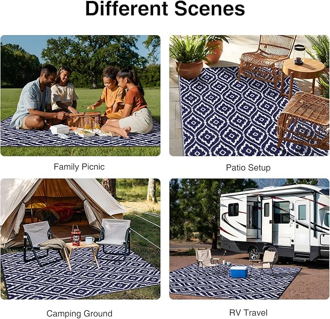 OLANLY Outdoor Rug 8x10 ft Waterproof, Outdoor Plastic Straw Rug with Geometric Pattern Clearance, Reversible RV Mat for Patio, Camping, Balcony, Deck, Backyard, Navy & White