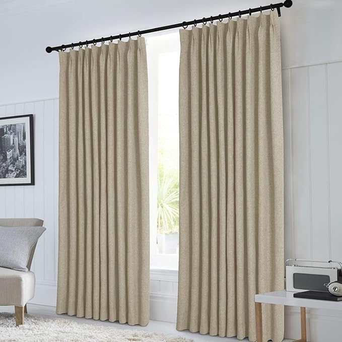 Macochico 52”Wx96”L 100% Blackout Curtains for Bedroom Living Room Nursery Light Khaki Pinch Pleated Linen Curtains Farmhouse Burlap Drapes Thermal Window Panels with Hooks and Tieback 1 Panel
