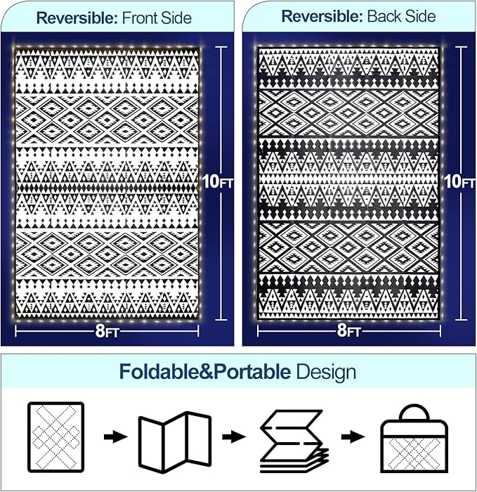 Outdoor Rug Mat with Led Strip Lights for Patio, 8x10ft Waterproof Reversible Plastic Straw Rugs, Camping Carpet Area Mats for RV, Porch, Deck, Backyard, Balcony, Camper, Black & White