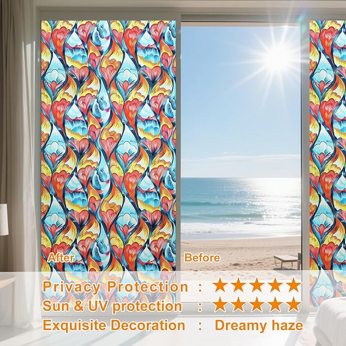 Window Privacy Film Stained Glass Decorative Static Clings Frosted Window Tint for Home Room Decor Bathroom Door Car Stickers with Glittering Effect, Removable(Tulip)