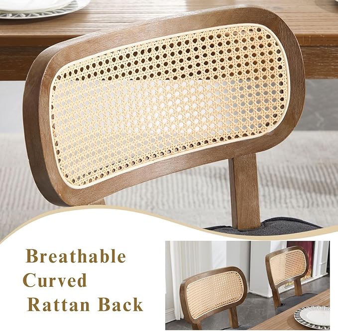 Rattan Dining Chairs Set of 6 Upholstered Linen Kitchen & Dining Room Chair with Curved Backrest Farmhouse Kitchen Chair Solid Wood Armless Side Chair for Dining Room/Restaurant, Black