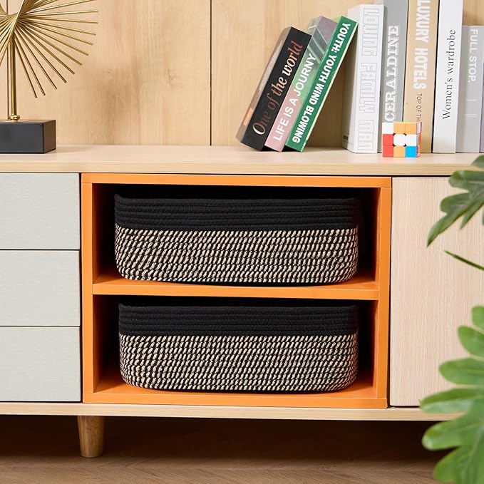 Large Shallow Organizing Baskets 15x11x5.1 Inches - Rope Woven Storage Bins for Bathroom, Shelves, Cube Closet, Black Woven Brown 2 Packs