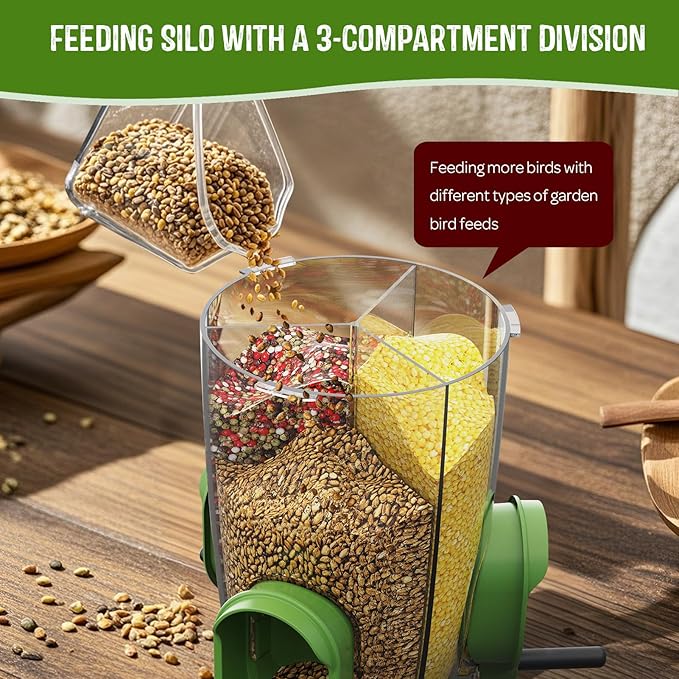 LONA Bird Feeders for Outdoors Hanging – 3 Separate Compartments, 3 Feeding Ports, Weatherproof Dome & 3 Ways to Hang, Large Capacity for Cardinals/Finches (Green，Plus