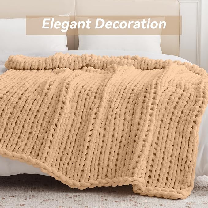 Chunky Knit Throw Blanket, 60''*80'' Knitted Throw Chenille Yarn for Bed Couch, Handmade Beige Crochet Big Thick Blanket, Machine Washable Cute Comfy Blanket for Home Decor
