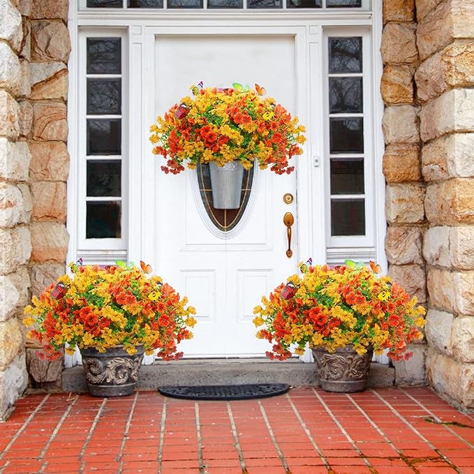 ‌20 Bundles Artificial Flowers for Outdoors‌ with 6 Faux Butterflies, UV Resistant ‌Fake Flowers‌ with Eucalyptus Leaves, ‌Artificial Plants Outdoor‌ for Patio Garden Porch Home Decor (Orange Yellow)