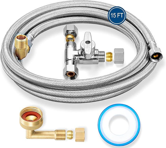 Dishwasher Installation Kit - 15 FT Stainless Steel Braided Dishwasher Hose kit,Food Grade PEX Inner Tube Dishwasher Water Line with 3/8"x3/8"x3/8" Tee Stop Valve,3/8"x3/8"MIP Elbow,3/8"x3/4"FHT Elbow