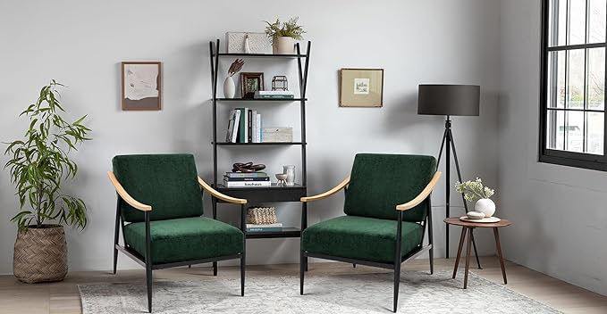 Modern Accent Chairs Set of 2 for Living Room Bedroom Mid Century Arm Chairs Upholstered Office Accent Chairs Comfy Waiting Room Chairs with Metal Frame, Green