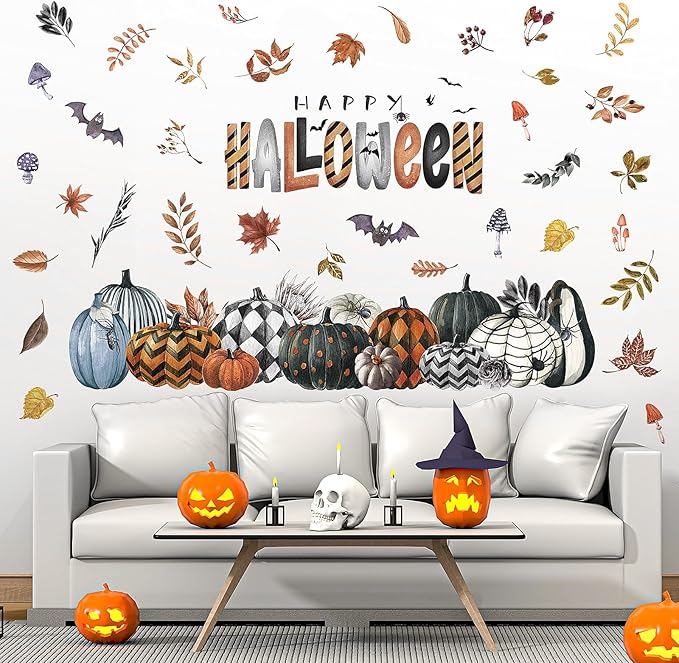 clothmile 40.15 x 38.58 Inch Happy Halloween Pumpkins Wall Decals Halloween Leaves Bat Spider Wall Stickers Halloween Removable Wall Sticker for Halloween Party Supplies Home Wall Decor