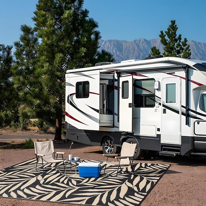 OLANLY Waterproof Outdoor Rug 6x9 ft, Reversible Outdoor Plastic Straw Rug with Leaf Pattern, RV Mat, Indoor Outdoor Carpet for Patio, Camping, Balcony, Deck, Backyard, Black & Beige