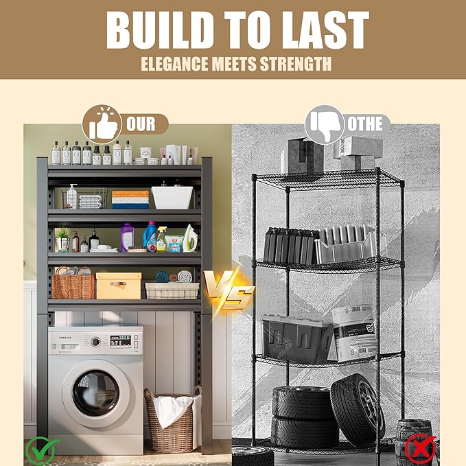 Over Washer Storage,5Tier Expandable Washer and Dryer Rack, Laundry Room Storage Over Toilet Washing Machine and Dryer Storage Rack Bathroom Organization, Hold 500 lb, Black