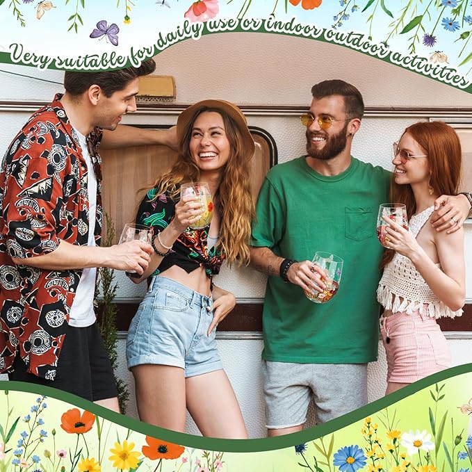 Sliner 2 Pack 17oz Wildflower Stemless Wine Glasses Floral Butterfly Drinking Glasses Spring Flowers Tumbler Cups for Graduation Wedding Mother's Day Birthday Drinking Party Favors