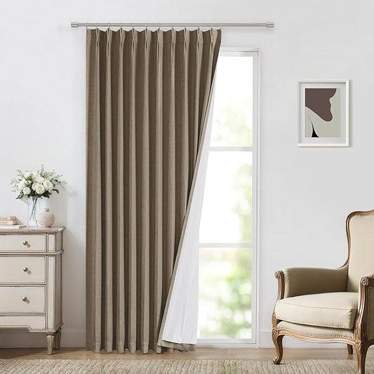 Vision Home Brown Pinch Pleated Full Blackout Curtains Linen Blended 60" Wide Thermal Insulated Window Panels 90 inch for Bedroom Living Room Darkening Pleat Drapes with Hooks Back Tab 60" Wx90 Lx1