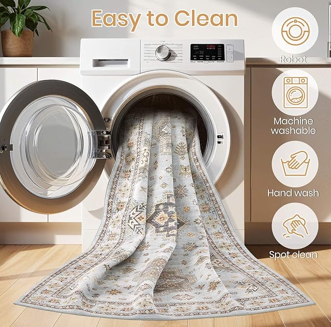 Washable Area Rugs for Living Room -9x12 Neutral Vintage Distressed Floral Farmhouse Boho Large Soft Floor Rug Indoor Non Slip Carpet for Living Room Bedroom Dining Room Office - Blue Brown