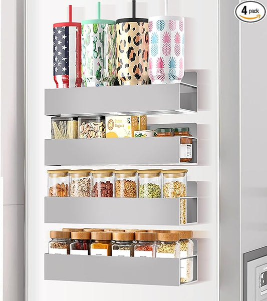 Magnetic Spice Rack Organizer for Fridge Seasoning Organizer for Kitchen Storage With Screw Magnetic Shelf for Oven, RV,Garage,Bathroom (Grey, 4pack)