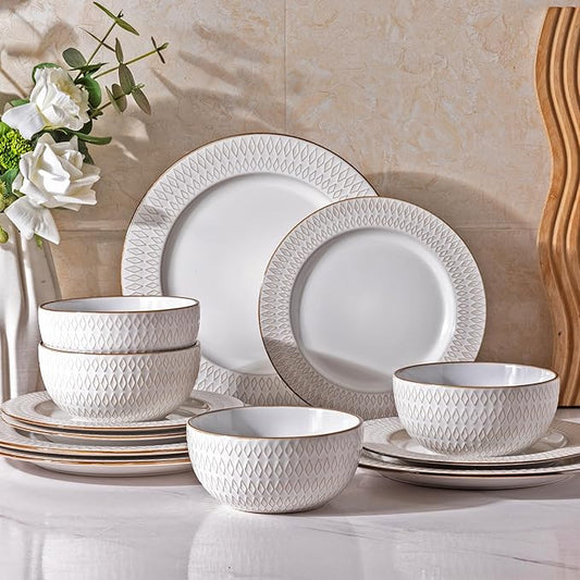 GBHOME Ceramic Dinnerware Sets,12 pcs Embossed Elegant Stoneware Plates and Bowls Sets, Housewarming Wedding Gift | Dishwasher & Microwave Safe | Dishes Set Service for 4