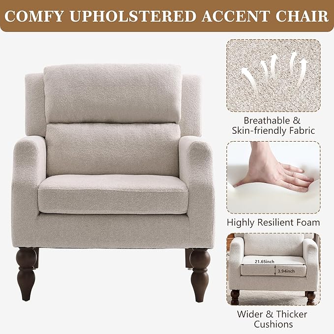 Kidol & Shellder Beige Oversized Accent Chair for Living Room Set of 2 Modern Reading Chair with Back Wide Upholstered Comfy Single Sofa Chair for Bedroom Lounge Side Corner Boucle Fabric Armchair
