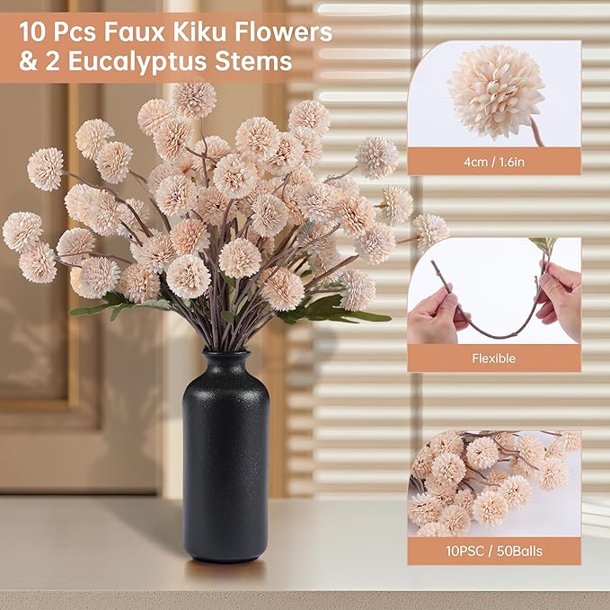 Faux Beige Kiku Flowers 10 Stems & 2 Eucalyptus, Fake Mums Pompon Flower Ball, Autumn Artificial Chrysanthemums Flowers for Boho Bedroom Decor, Silk Mini Faux Kiku Flower Wedding Arrangements Decor