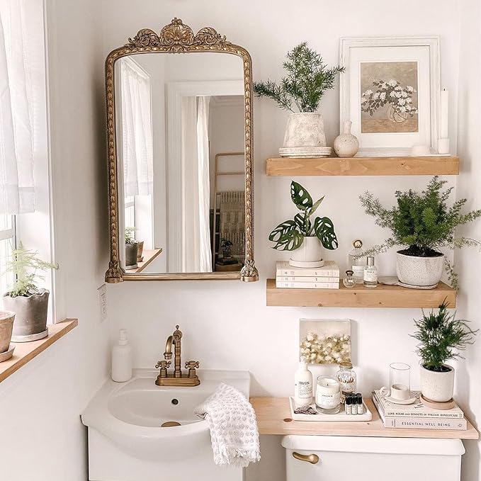 IAE Floating Wall Shelves 16 inch,Bathroom Shelves Wall Mounted,Invisible Shelves Floating Kitchen Shelves,Wooden Wall Shelves with Brackets for Living Room Wall Mounted,Easy Install,Set of 2,Natural