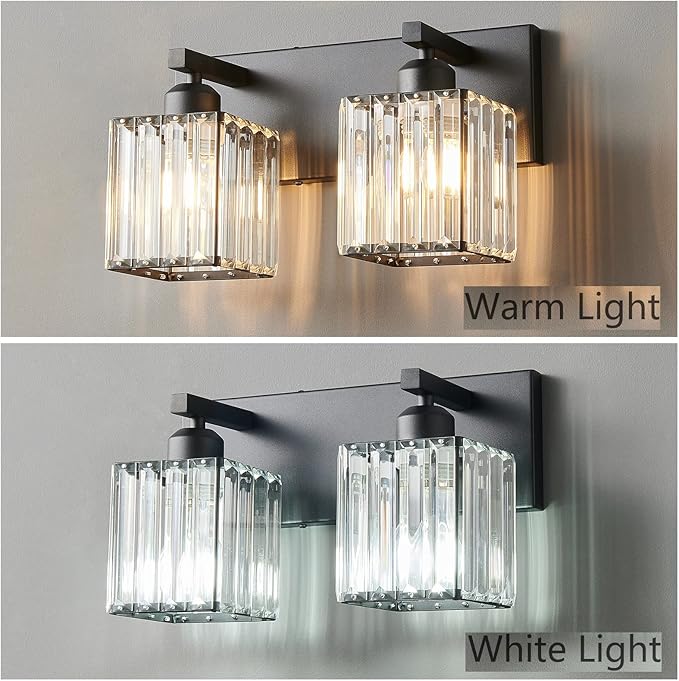 Modern Bathroom Vanity Light 2-Lights Black Crystal Bathroom Wall Light Vanity Light Fixtures，12.59-inch Modern Minimalist Design