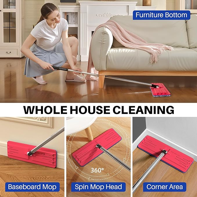 JOYMOOP Mop and Bucket with Wringer Set, Hands Free Flat Floor Mop and Bucket, with 6 Washable Microfiber Pads, Wet and Dry Use, Floor Cleaning System - Black+Red+Slate Blue