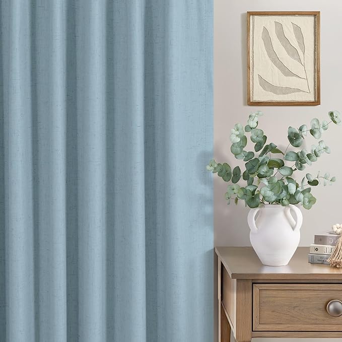 Total Blackout Linen Curtains 96 Inches Long for Bedroom 8 Foot Tall Heavy Thermal Rustic Country Light Blue Black Out Curtains for Living Room Window Drapes Stone Blue Gray Greyish Back Tab 2 Panels