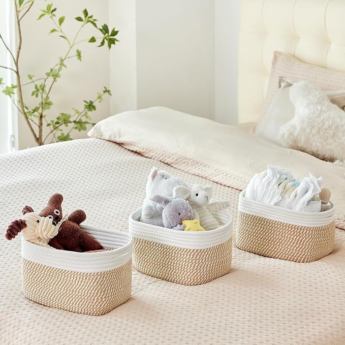 Small Cotton Rope Storage Basket Set of 3-11"x7"x7" Perfect Woven Baskets for Storage, Ideal Storage Baskets for Organizing Toys, Towels, and More - Baskets for Shelves（White & Mixed Camel）
