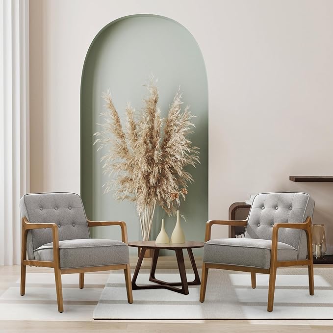 Linen Accent Chair, Mid Century Modern Chair for Living Room, Upholstered Comfy Lounge Armchair with Solid Wood Frame, Reading Side Chair for Bedroom,105°Ergonomic Comfort, Grey