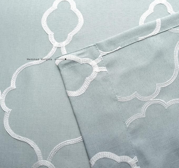 MIUCO Moroccan Embroidered Semi Sheer Curtains Linen Look Grommet Window Curtains for Bedroom 52 x 95 Inch 2 Panels, Sea Foam