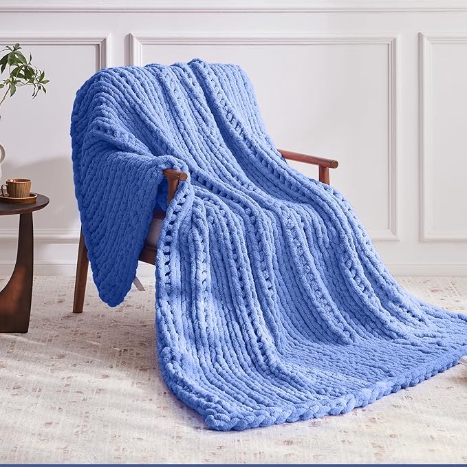 Chunky Knit Throw Blanket, 40''*50'' Knitted Throw Chenille Yarn for Bed Couch, Handmade Light Blue Crochet Big Thick Blanket, Machine Washable Cute Comfy Blanket for Home Decor