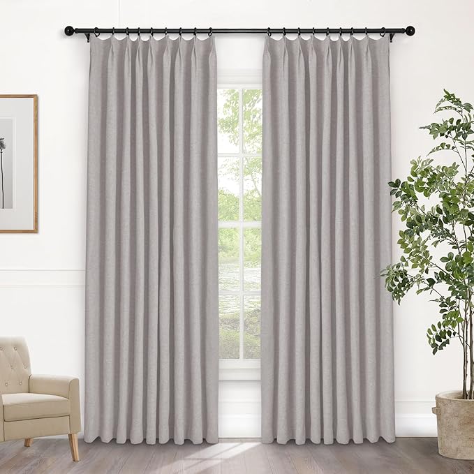 Macochico Pinch Pleated Blackout Curtains 102 Inches Long 100% Light Blocking Browish Grey Linen Drapes for Bedroom Living Room Farmhouse Shabby Chic Burlap Curtains with Tieback 72”Wx102”L 1 Panel
