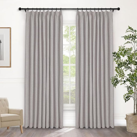 Macochico Pinch Pleated 100% Blackout Curtains Browish Grey Linen Curtains for Bedroom Living Room Farmhouse Thermal Insulated Window Panels Pleated Curtains with Hooks and Tieback 52”Wx72”L 1 Panel