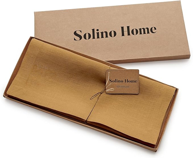 Solino Home Linen Table Runner 108 Inches Long - 100% Pure Linen Caramel Dining Table Runner 14 x 108 Inch for Fall, Autumn, Thanksgiving - Fete