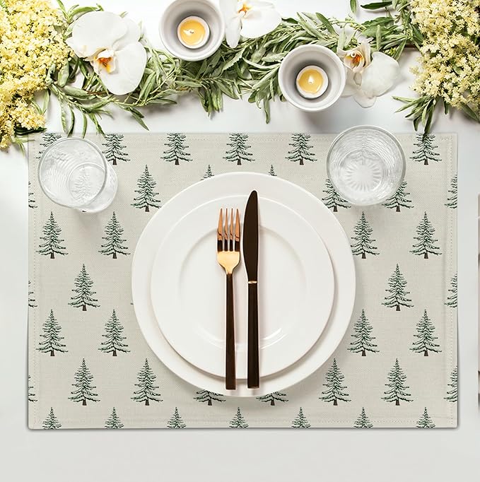 Pine Trees Christmas Placemats Set of 4 Xmas Tree Vintage Rustic Print Place Mats Winter Holiday Green White Farmhouse Linen Table Mats for Indoor Outdoor Kitchen Dining Party Decor