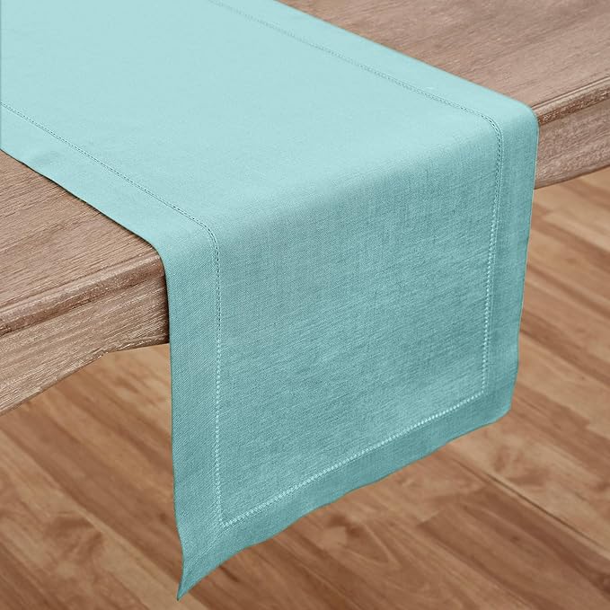 Solino Home Linen Aqua Blue Table Runner 36 Inches - Classic Hemstitch, 100% Pure Linen Coffee Table Runner 14 x 36 Inch Ideal for Dresser Tables