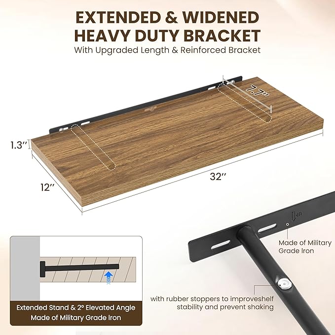 32" Floating Shelves for Wall, 12" Deep Slim Walnut Floating Shelves, Wall-Mounted Shelves for Bedroom, Living Room, Kitchen, Bathroom - Set of 2