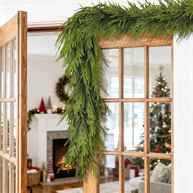 Artificial Norfolk Pine Garland - Faux Christmas Garland Fake Green Garland for Fireplace,Table, Stairs, Mantle, Window,Indoor Outdoor,Home,Holiday Decor (2 PCS,6 FT)