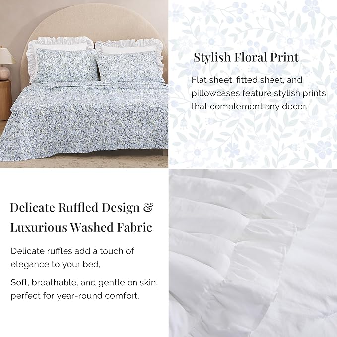 King Comforter Set - 7 Pieces Ruffle White Bedding Sets, Shabby Chic Farmhouse Bed in a Bag King with Ruffle Comforter, Floral Sheets, Pillowcases & Shams