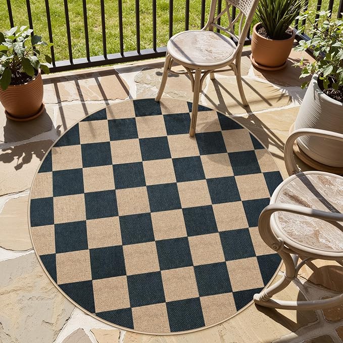 Lahome Checkered 4 ft Easy Jute Round Rug, Washable Small Rugs for Entryway Patio, Farmhouse Non Slip Non Shedding Indoor Outdoor Circle Carpet for Kitchen Porch